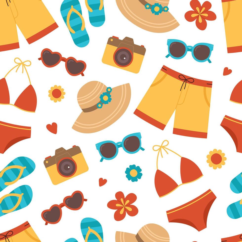 Beachwear and accessories seamless pattern. Women swimsuit, men shorts, flip-flops, hat, sunglasses and camera. Summer clothing for vacation. Flat illustration isolated on white background vector