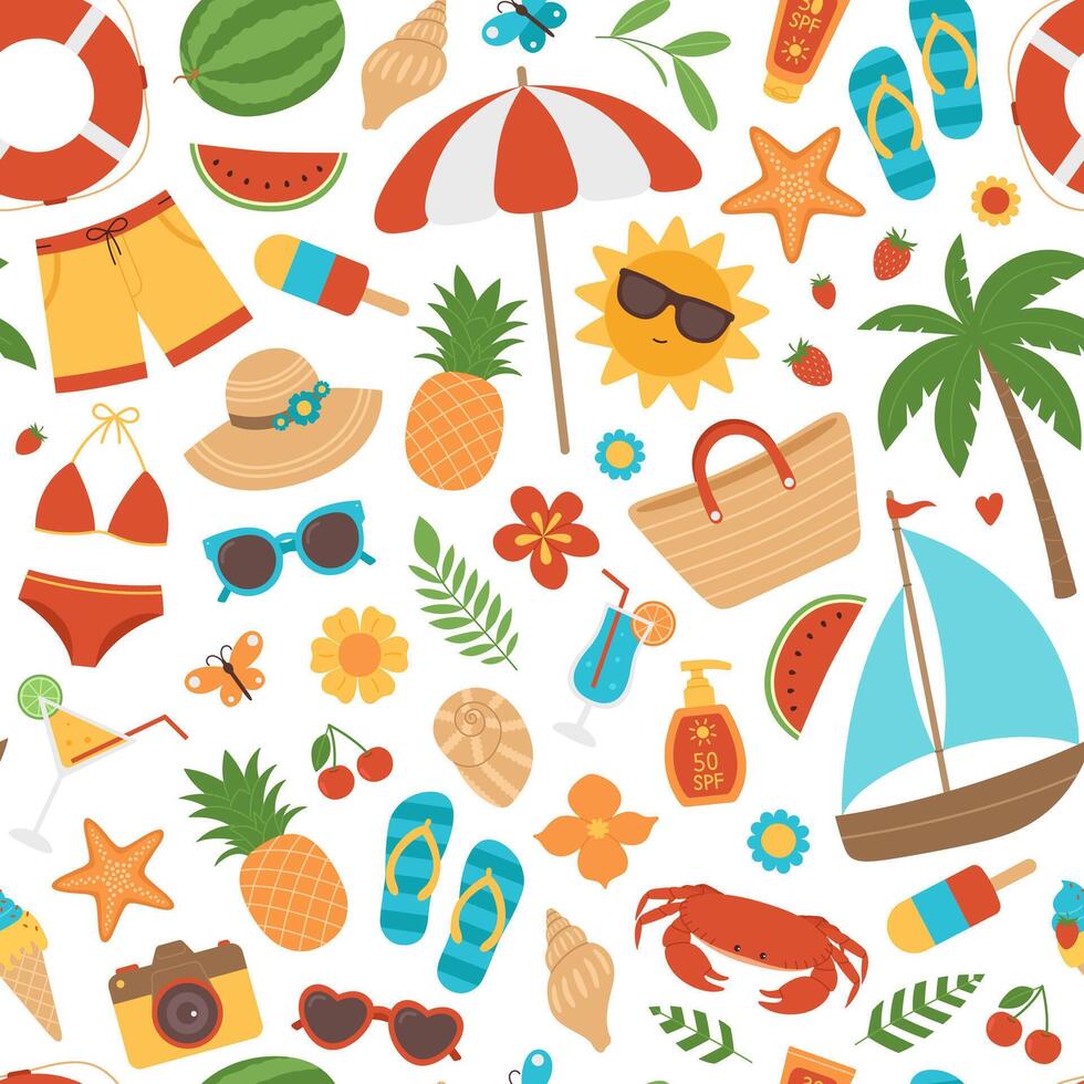 Seamless pattern with colorful summer elements. Beach background with swimsuits, hat, sunglasses, palm, cocktails, fruits, ice cream and other. Tropical vacation, holiday. Illustration on white vector