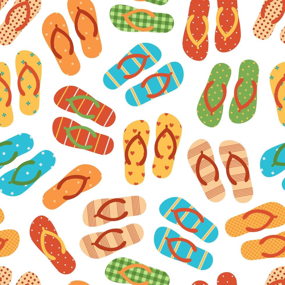 Seamless pattern with flip flops. Colored slippers with different ornaments on white background. Beach sandals. Flat illustration vector