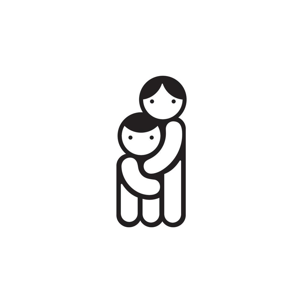 Parent and child is hugging each other. Mom and kid. A black and white isolated icon illustration. vector