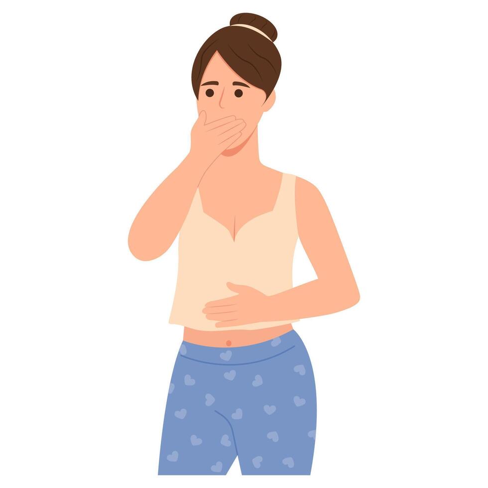 The woman suffers from nausea. Nausea during pregnancy, vomiting. Symptom of illness, health problems. Poisoning,Abdominal pain. vector