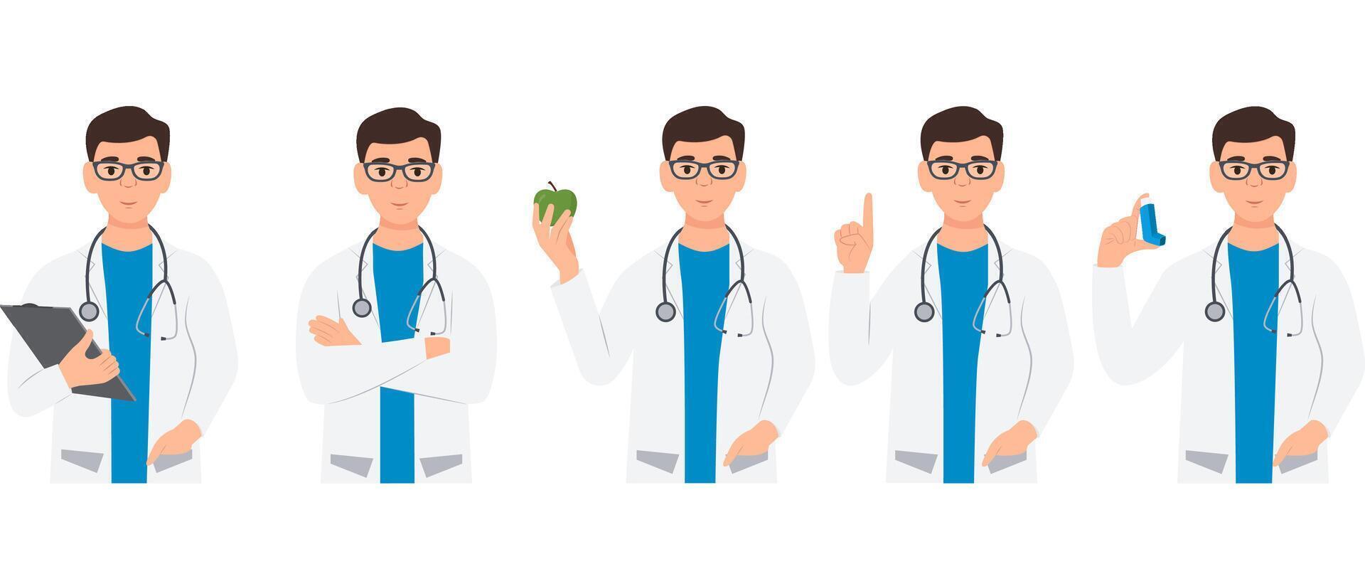 Portrait of friendly doctor with stethoscope in diverse poses .Young man pointing,holding apple, clipboard, inhaler in hand. Healthcare and medicine concept. vector