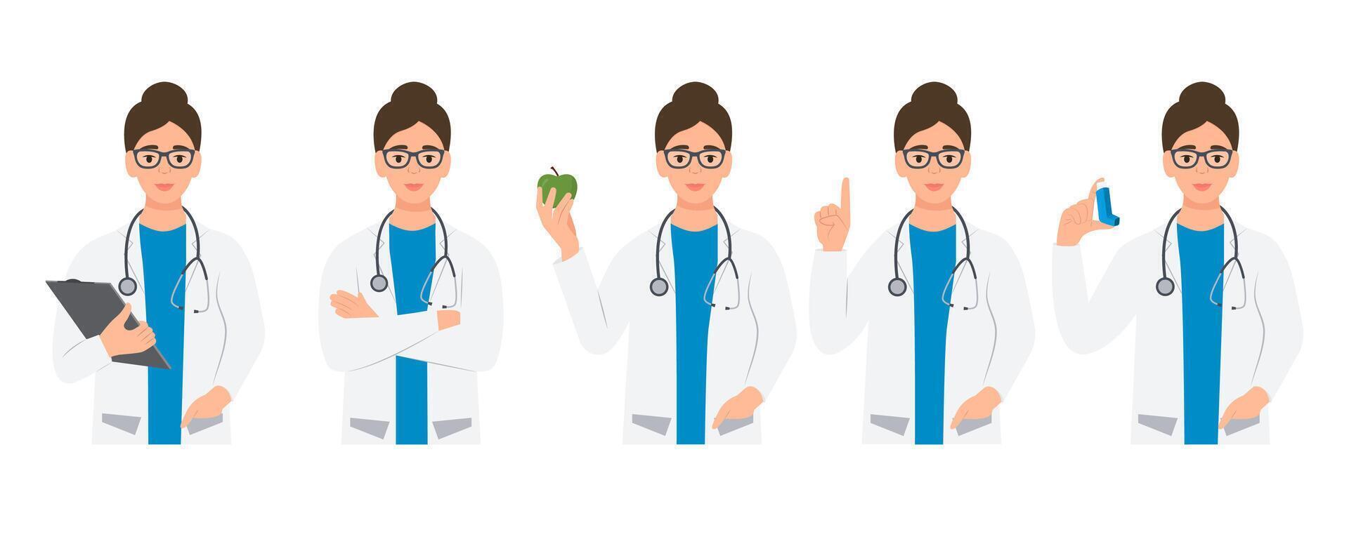 Portrait of friendly doctor with stethoscope in diverse poses .Young woman pointing,holding apple, clipboard, inhaler in hand. Healthcare and medicine concept. vector