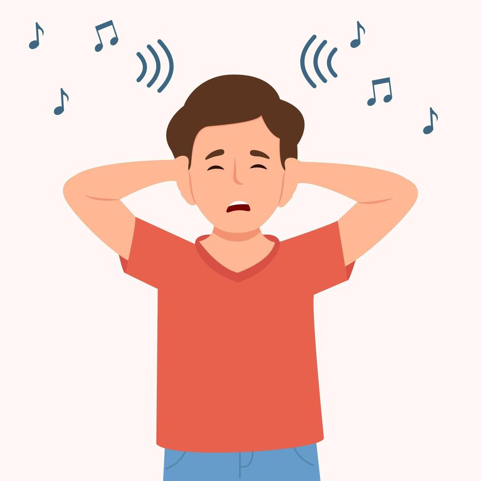 Irritated toddler covering her ears not to hear loud noises or music. vector