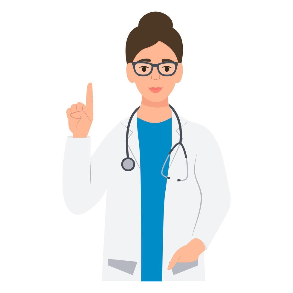 A doctor in glasses points his index finger up.General practitioner in medical uniform with stethoscope. vector