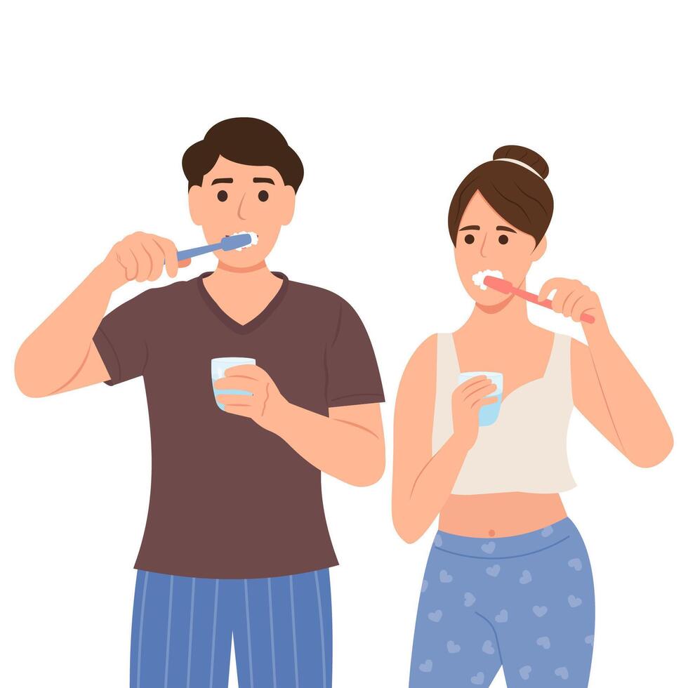 Couple brushing teeth. Man and woman doing morning routine together. Concept of oral hygiene and dental procedures. illustration vector
