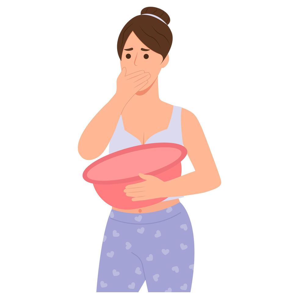 Young woman with basin suffering from nausea. vector