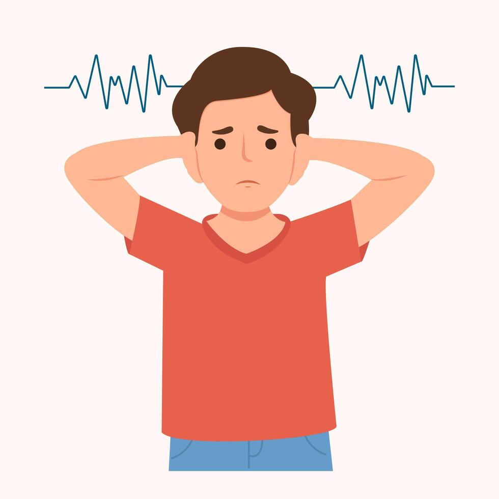IUnhappy boy covering her ears not to hear loud noises. Kid sensitive to loud sounds. Early signs of autism syndrome in children. vector