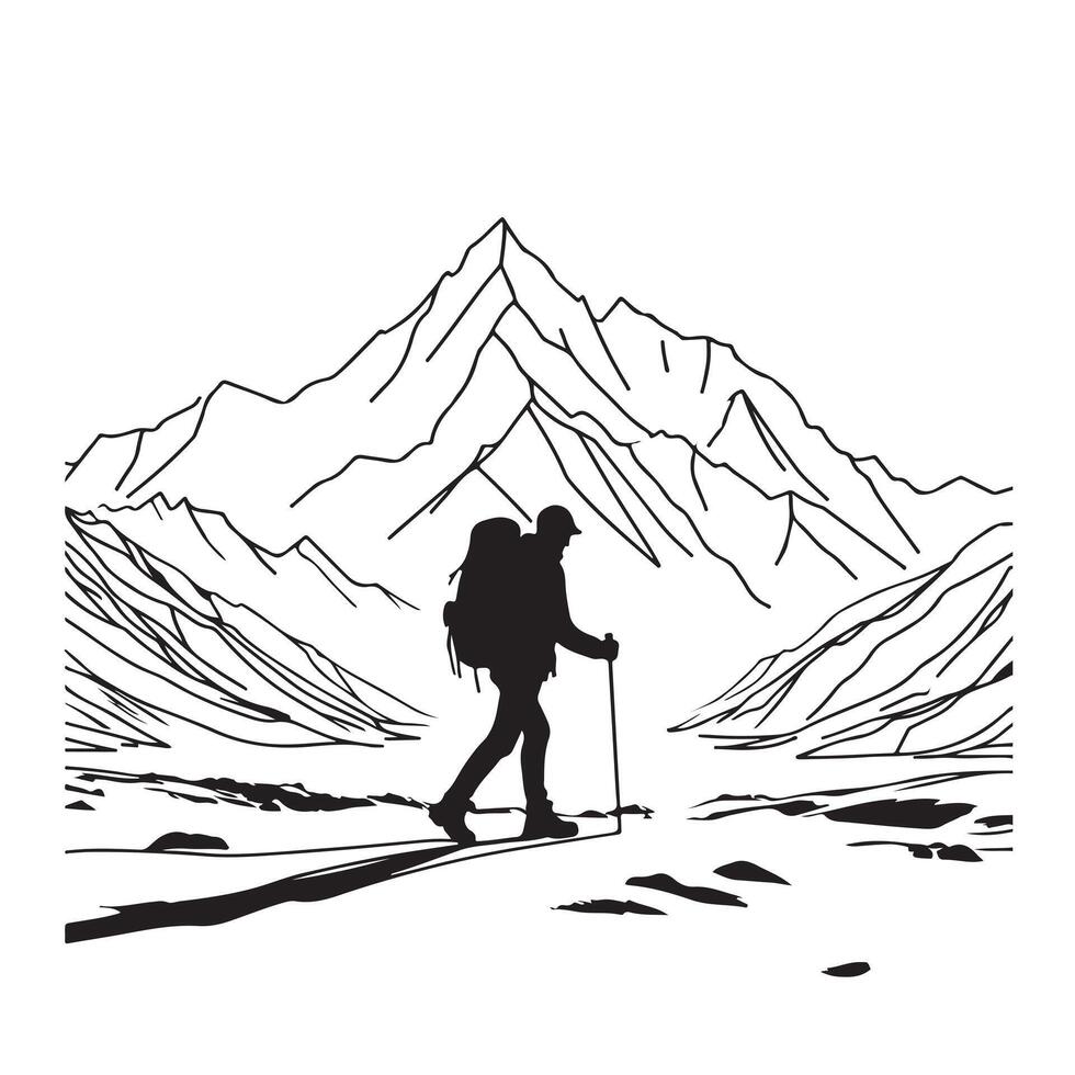 Line art drawing of People Hiking Mountain with stick black silhouettes illustration vector