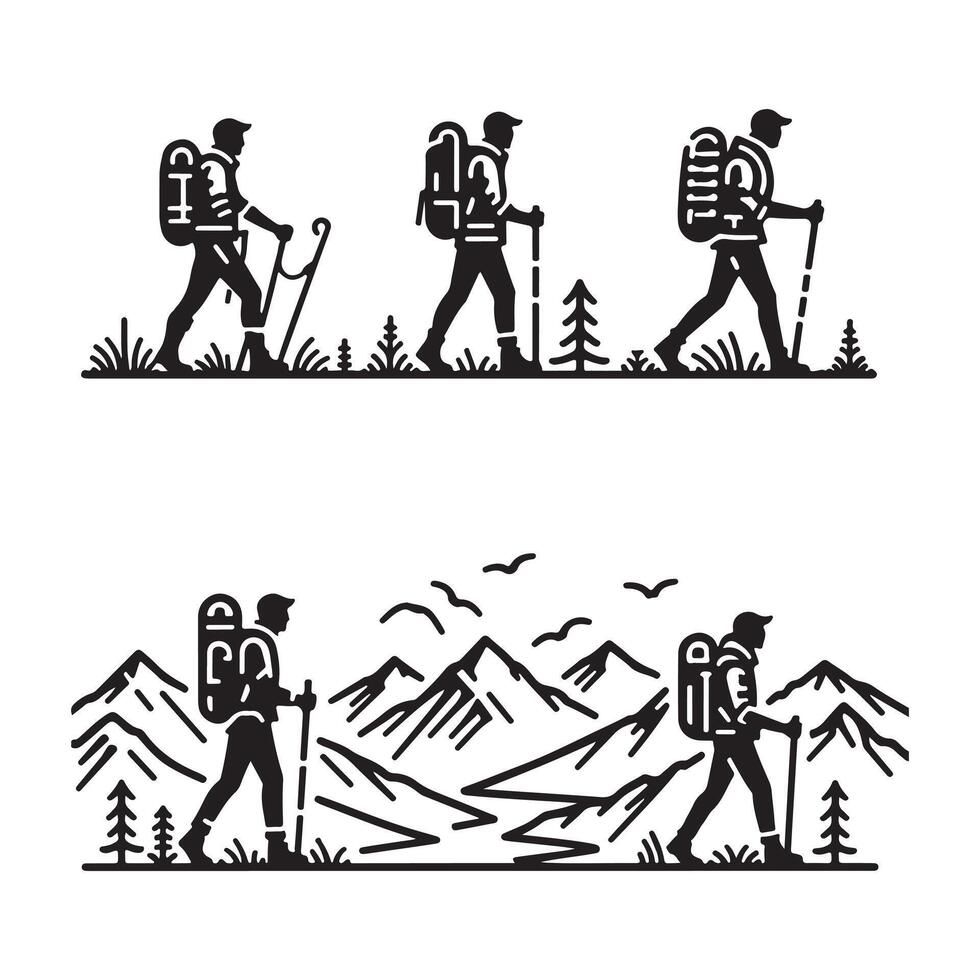 People Hiking Mountain with stick black silhouettes illustration set vector