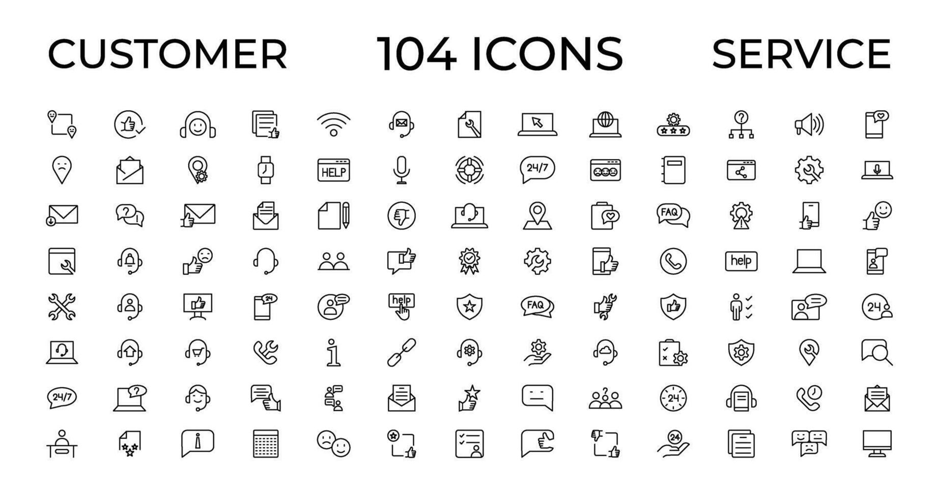 Customer service icon set. Containing customer satisfied, assistance, experience, feedback, operator and technical support icons. Thin outline icons pack. vector