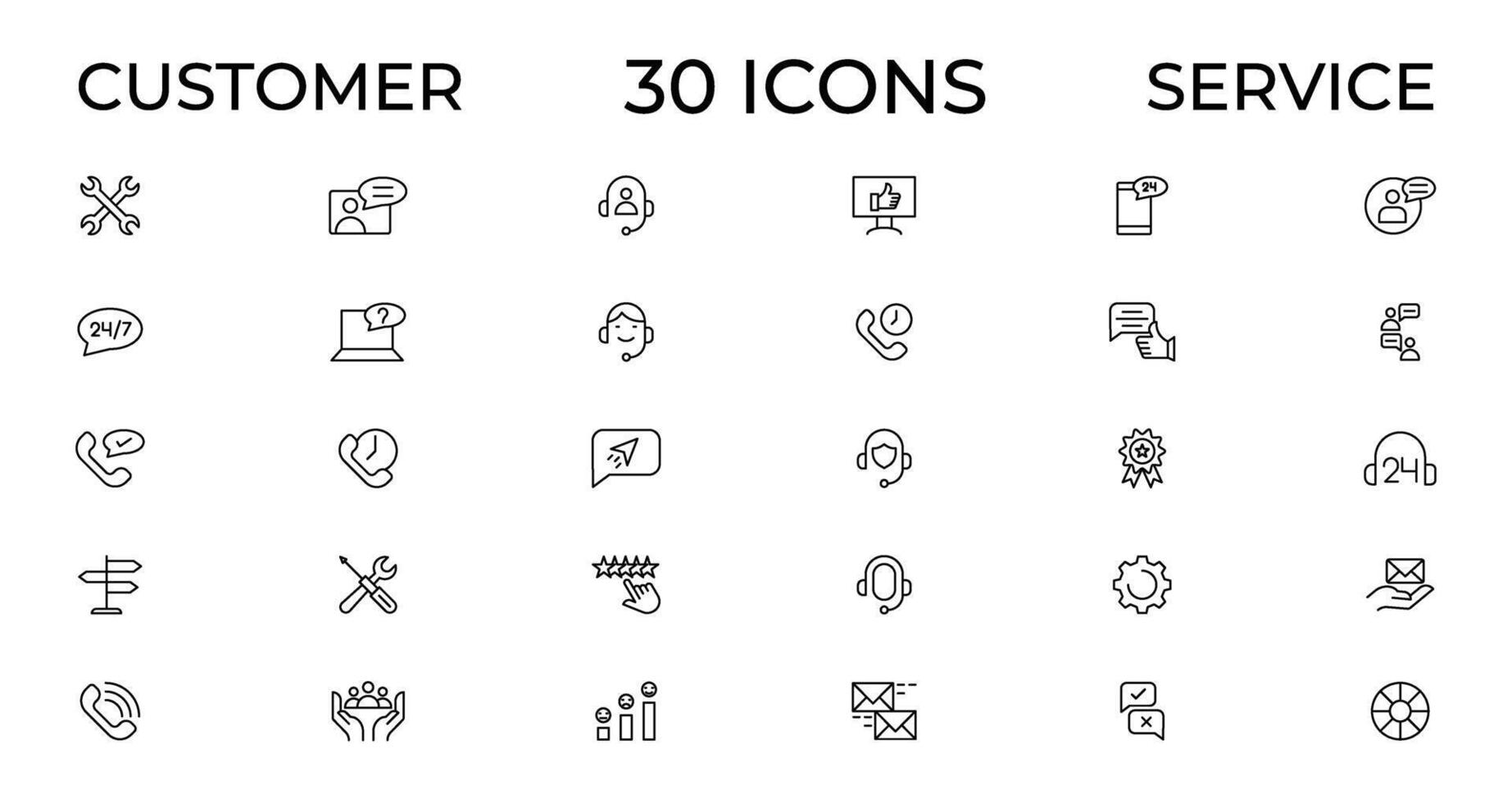 Customer service icon set. Containing customer satisfied, assistance, experience, feedback, operator and technical support icons. Thin outline icons pack. vector