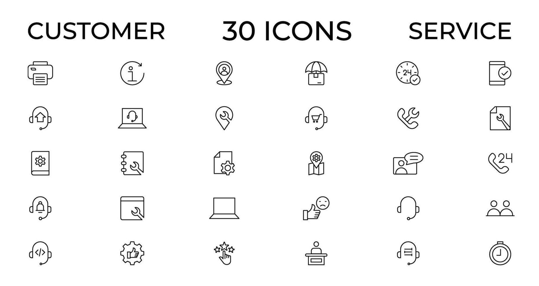 Customer service icon set. Containing customer satisfied, assistance, experience, feedback, operator and technical support icons. Thin outline icons pack. vector