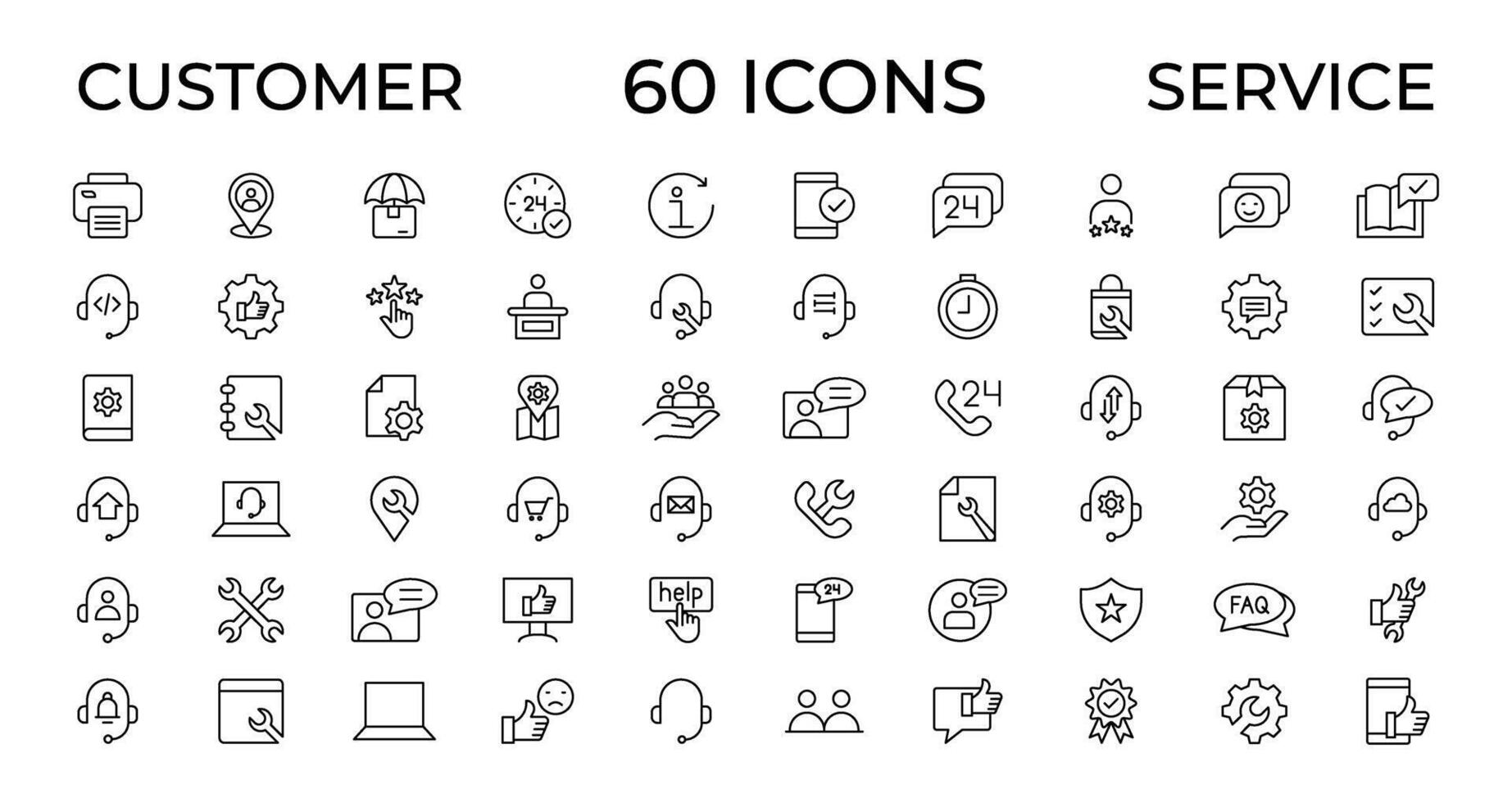 Customer service icon set. Containing customer satisfied, assistance, experience, feedback, operator and technical support icons. Thin outline icons pack. vector