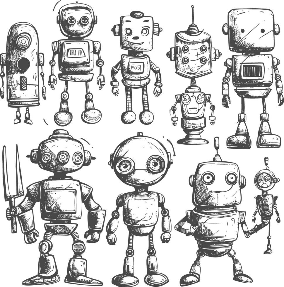 collection set hand drawn doodle cute robot with engraving style vector