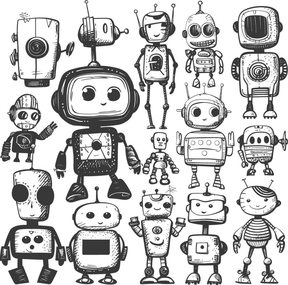 collection set hand drawn doodle cute robot with engraving style vector