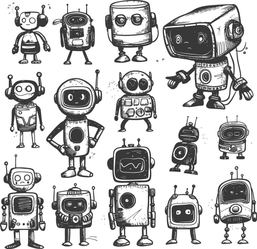 collection set hand drawn doodle cute robot with engraving style vector