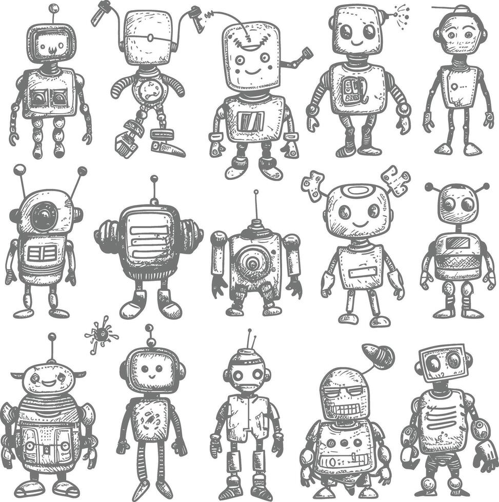 collection set hand drawn doodle cute robot with engraving style vector
