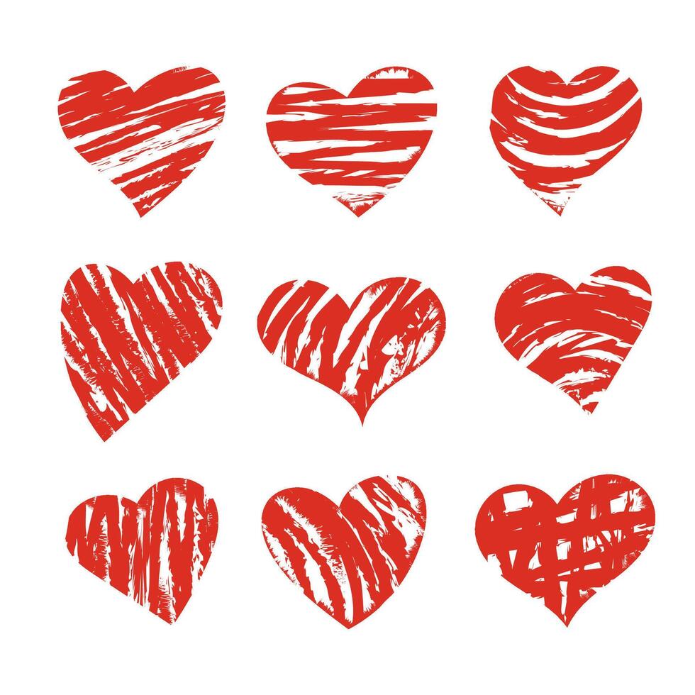 Set of Distressed Hearts . Grunge texture collection. Love Shapes for design. Textured Valentine's Day signs. illustration. vector