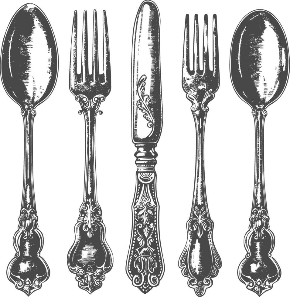 cutlery with fork spoon knife only with engraving style vector