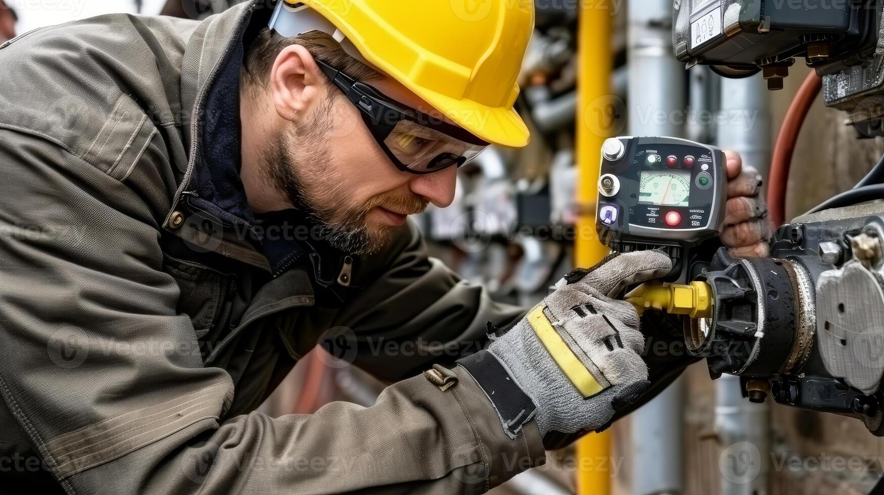 Electrician working with electrical panels, circuit boards photo