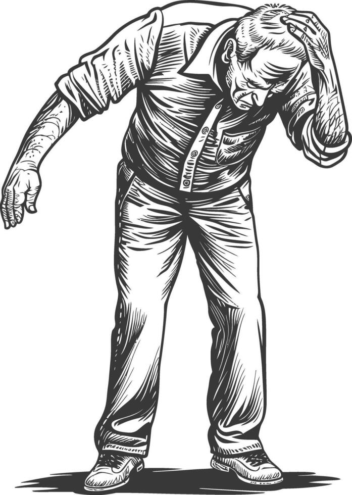 elderly man holding headache in pain with engraving style vector