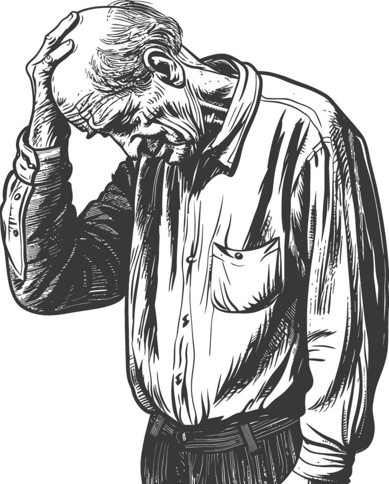 elderly man holding headache in pain with engraving style vector