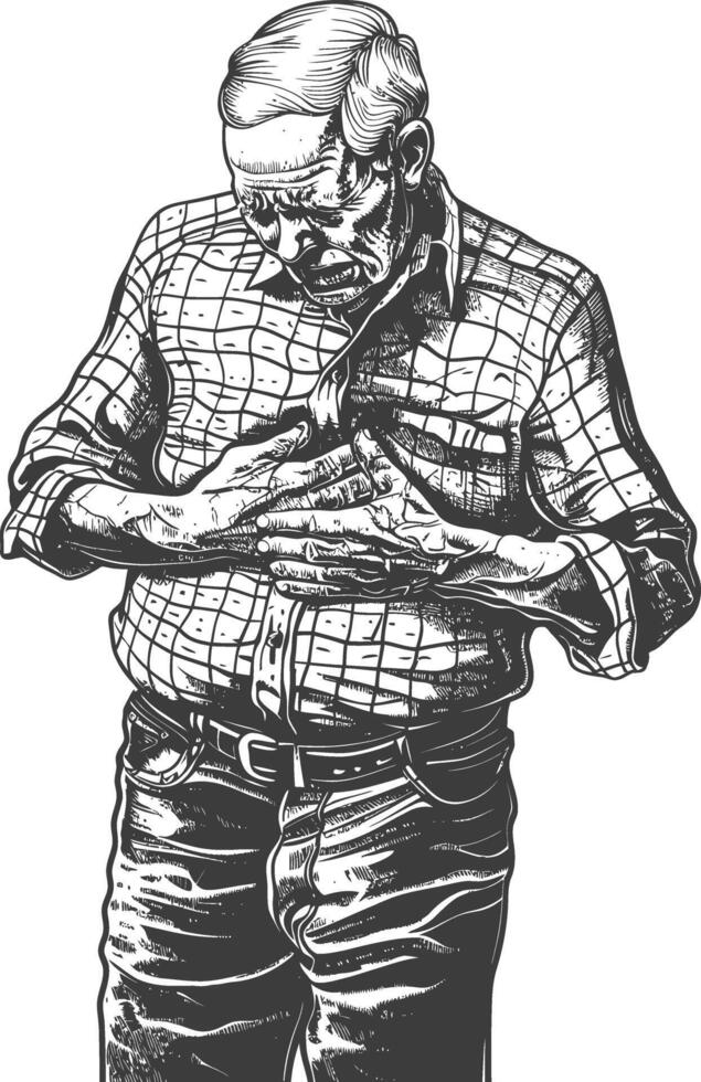 elderly man holding stomach in pain with engraving style vector