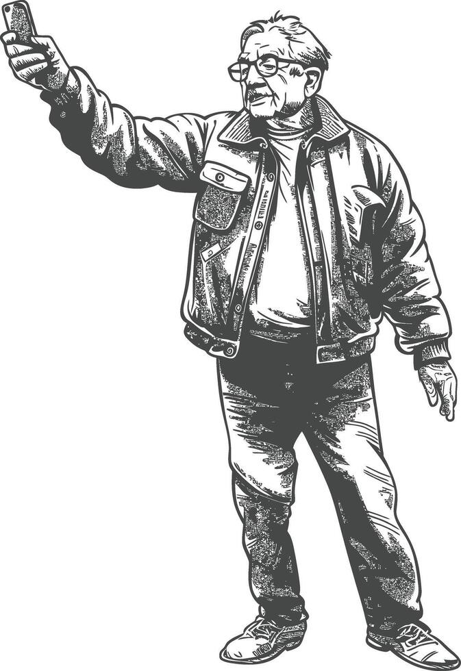 elderly man taking selfie photo on smartphone with poses vector
