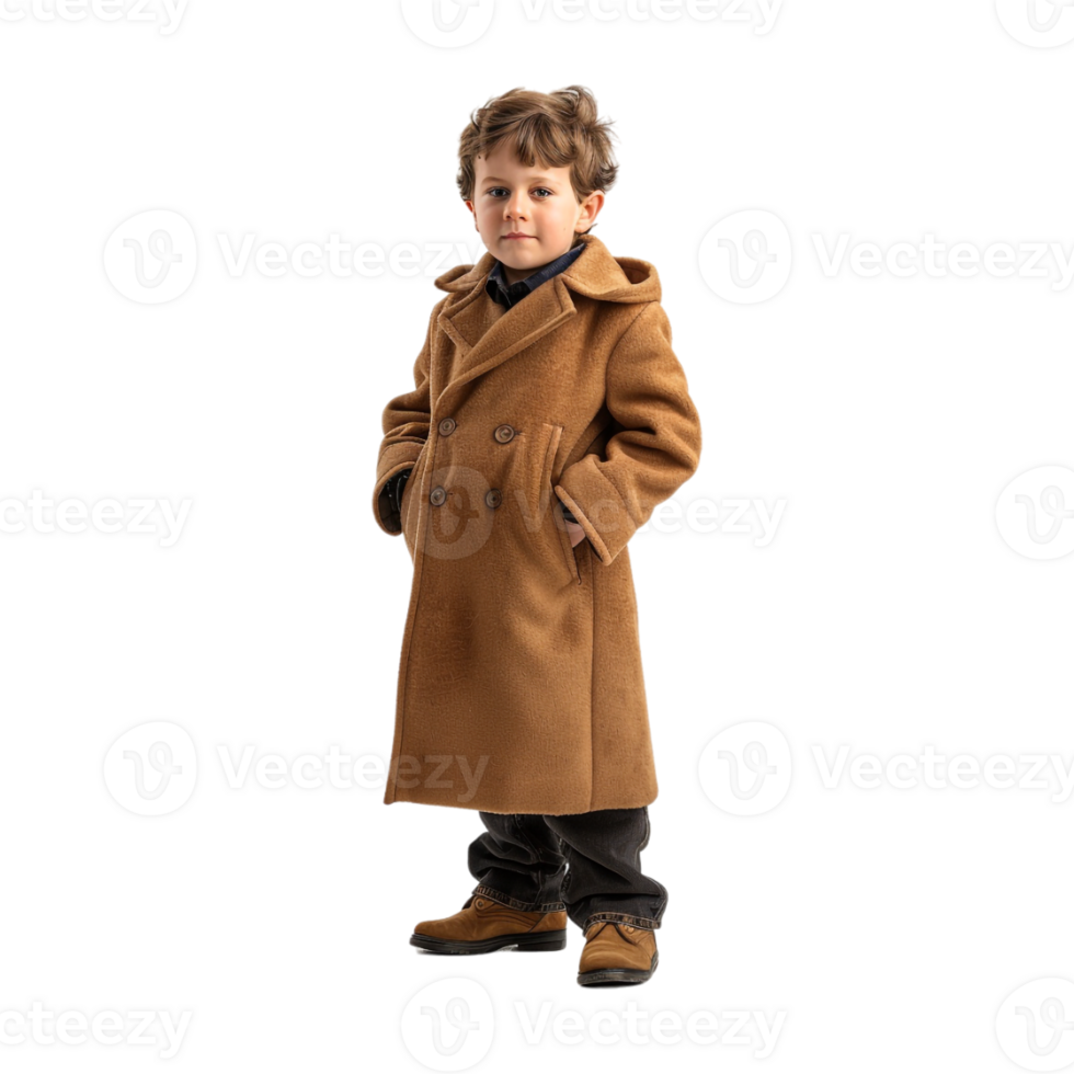 Young Boy Standing and Wearing Long Coat on Transparent Background png