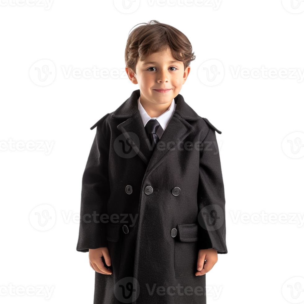 Young Boy Standing and Wearing Long Coat on Transparent Background png