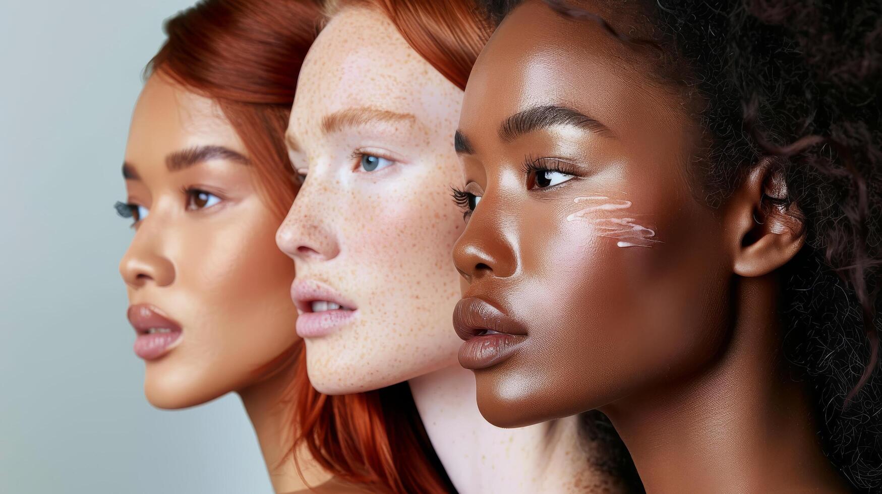 Several stunning women of different nationalities, makeup, looking at camera, posing together on isolated beige background. photo