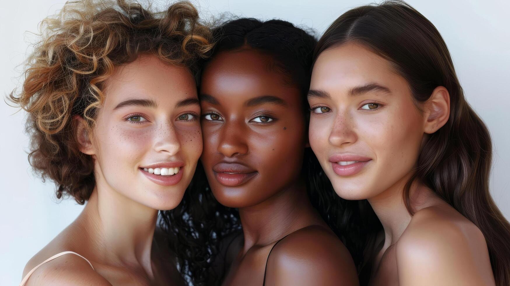 Several stunning women of different nationalities, makeup, looking at camera, posing together on isolated beige background. photo