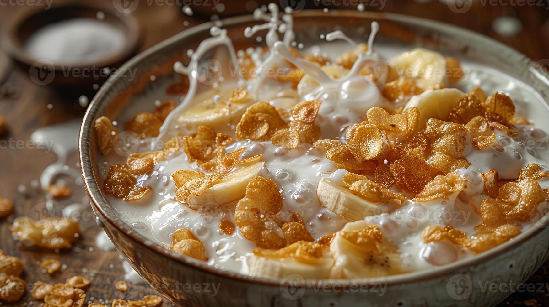 Healthy breakfast concept with banana and corn flakes photo