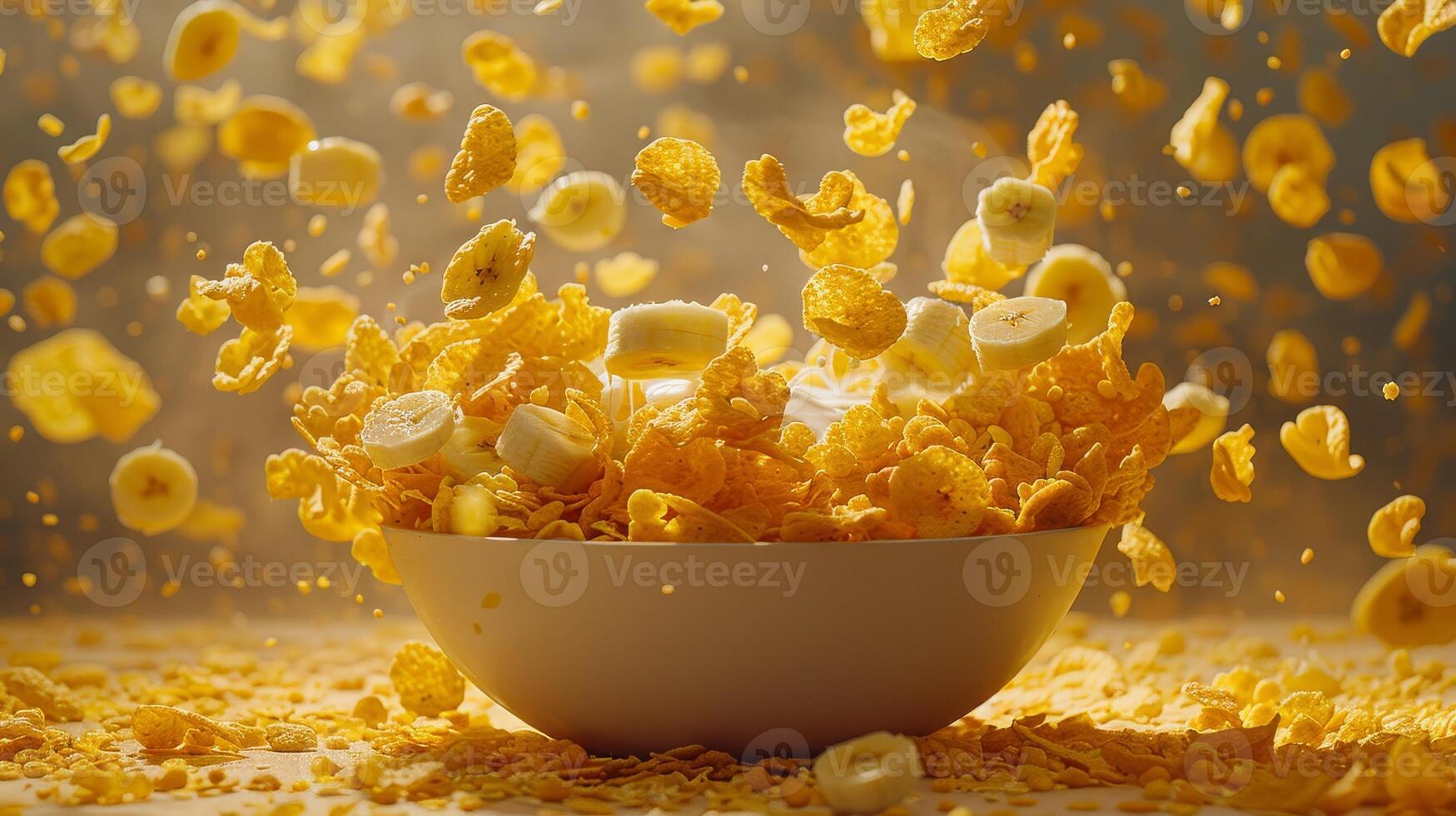 Healthy breakfast concept with banana and corn flakes photo
