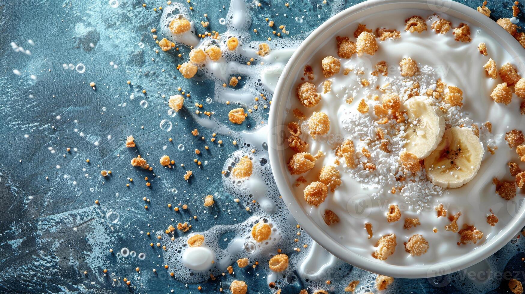 Healthy breakfast concept with banana and corn flakes photo