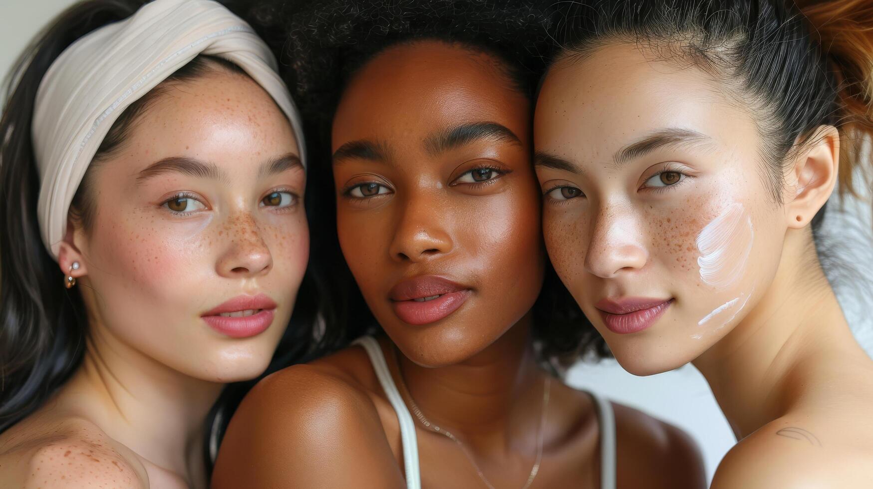 Several stunning women of different nationalities, makeup, looking at camera, posing together on isolated beige background. photo