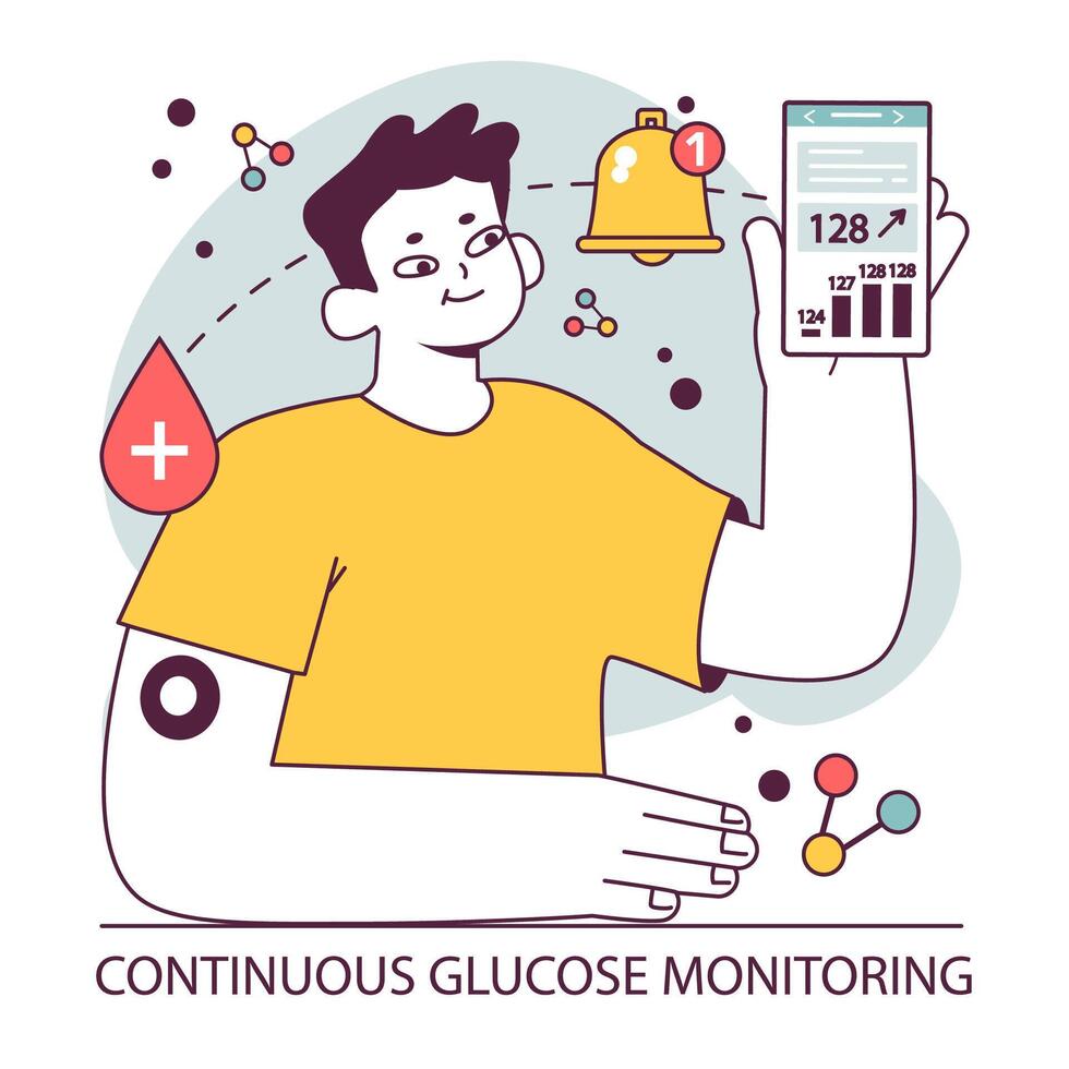 Diabetes. Measuring sugar blood with glucometer. Glucose monitoring, vector