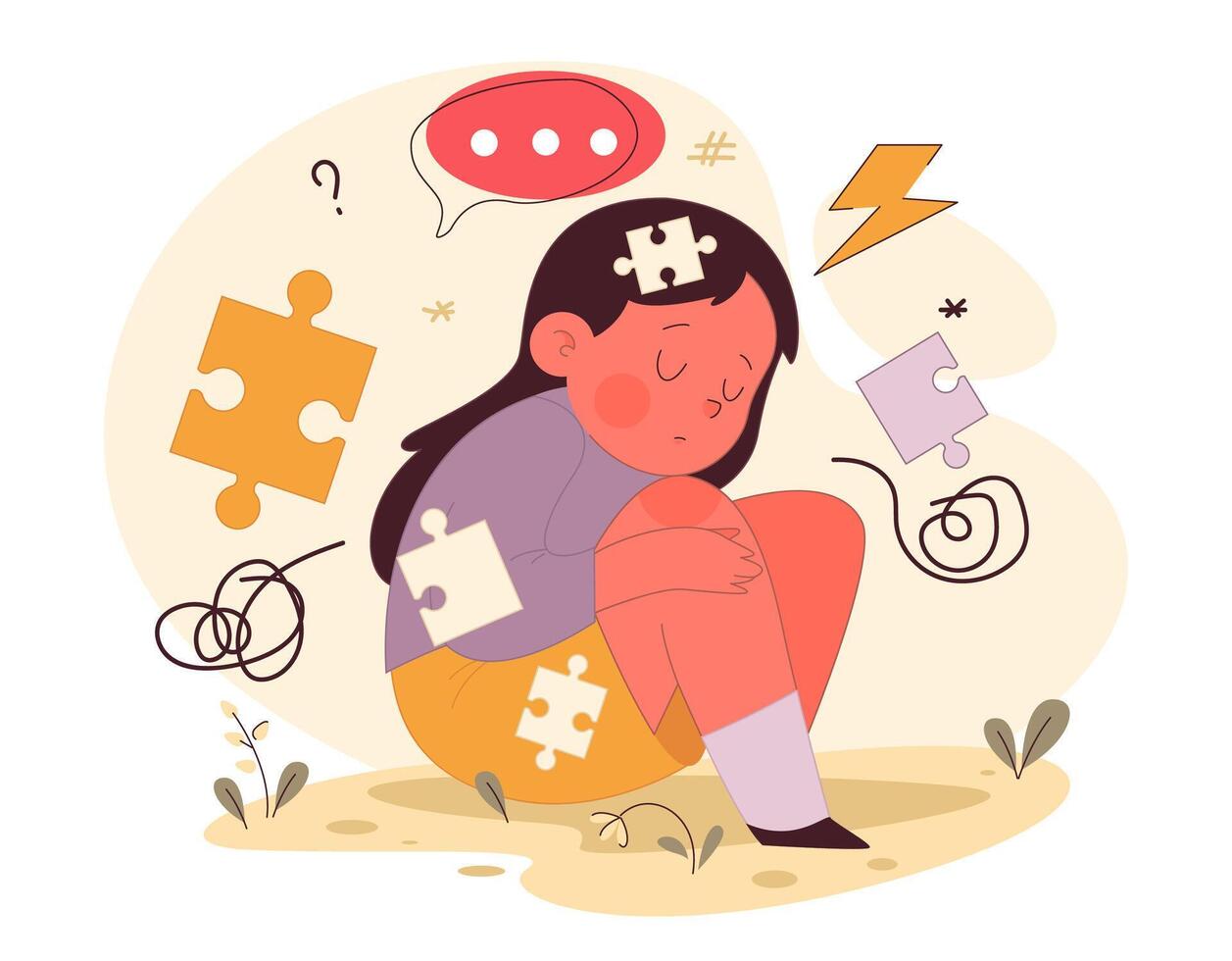 Mental problems of a child. Unhappy neglected little girl. Kid vector