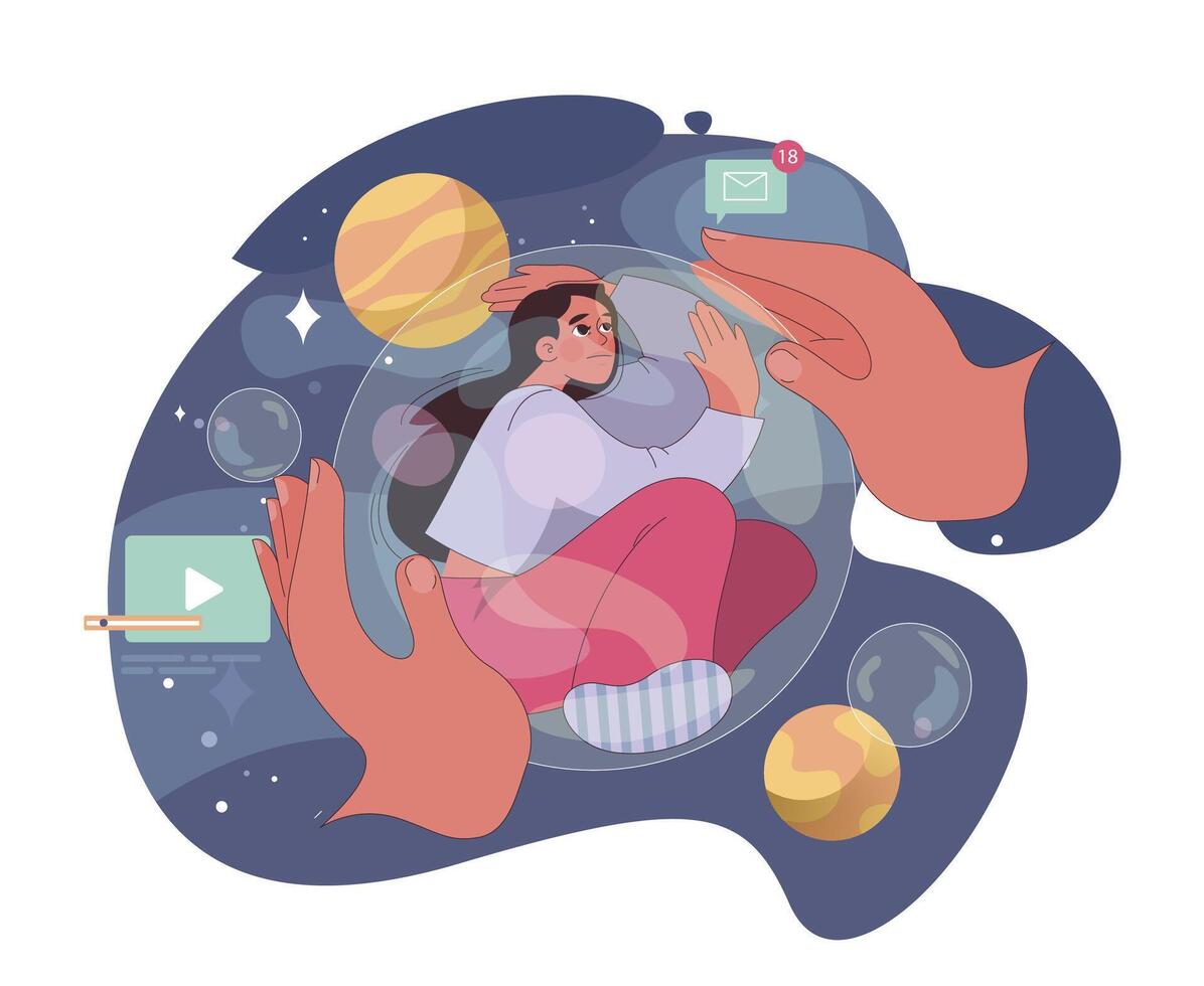 Loneliness. Unhappy person, astronaut left alone in space. Character vector