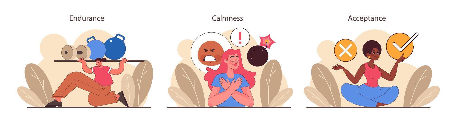 Patience set. Calm person meditating and finding balance. Mental or emotional vector