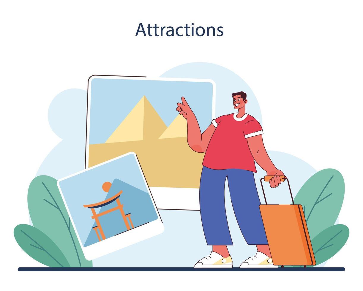 Tourism. People traveling the world seeing attractions and cultural vector