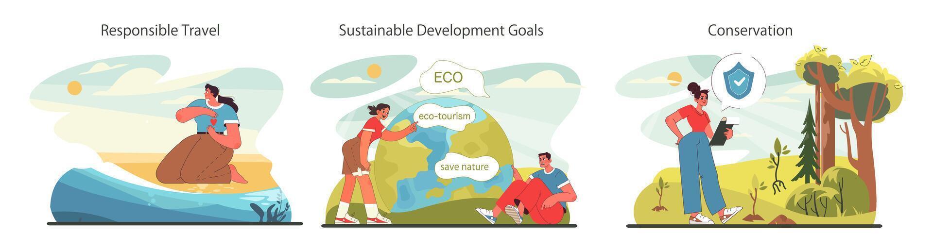 Sustainable tourism set. Ecotourism, eco-friendly recreation. vector