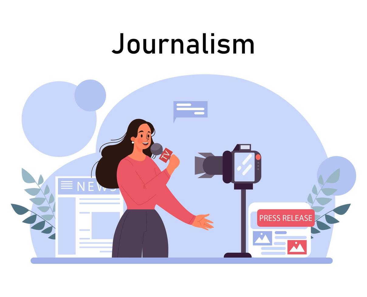 Journalism. TV reporter announce news with a microphone. Mass media vector