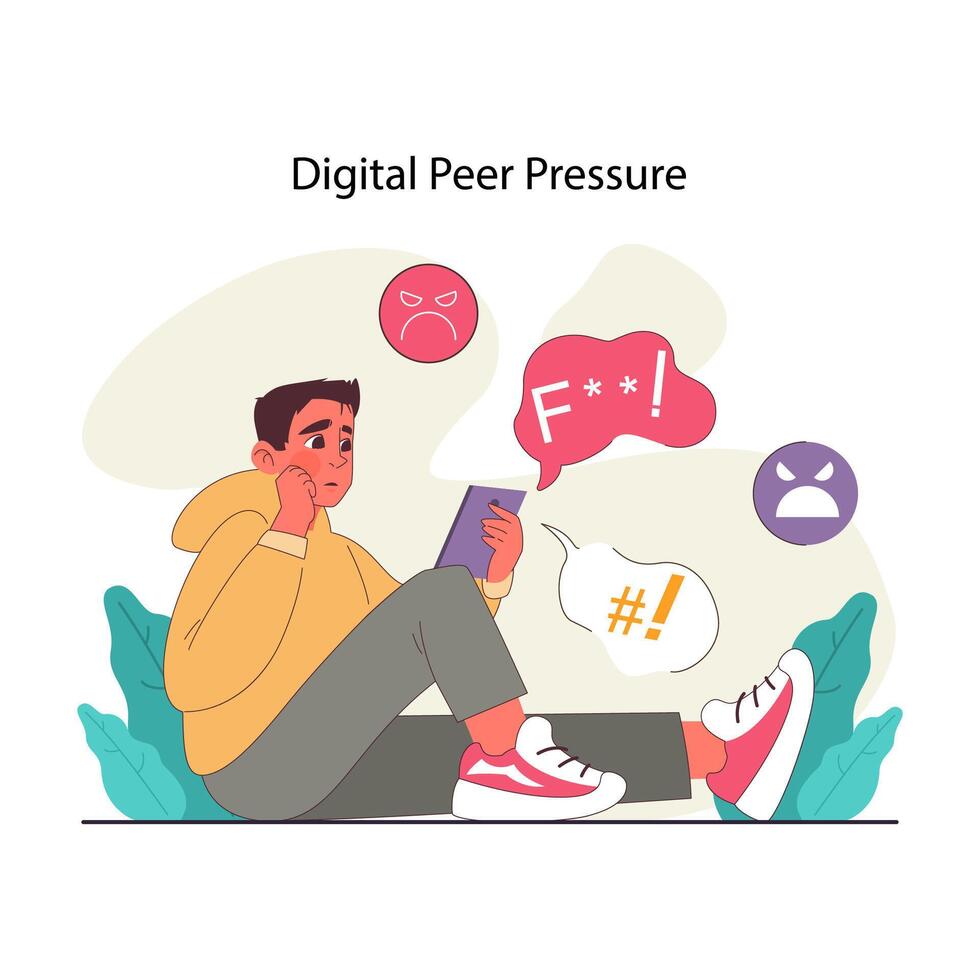 Peer pressure. Young man distressed by aggressive digital vector