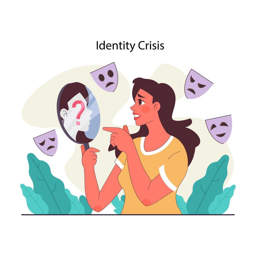 Peer pressure concept. Confused woman looking in mirror at unknown vector