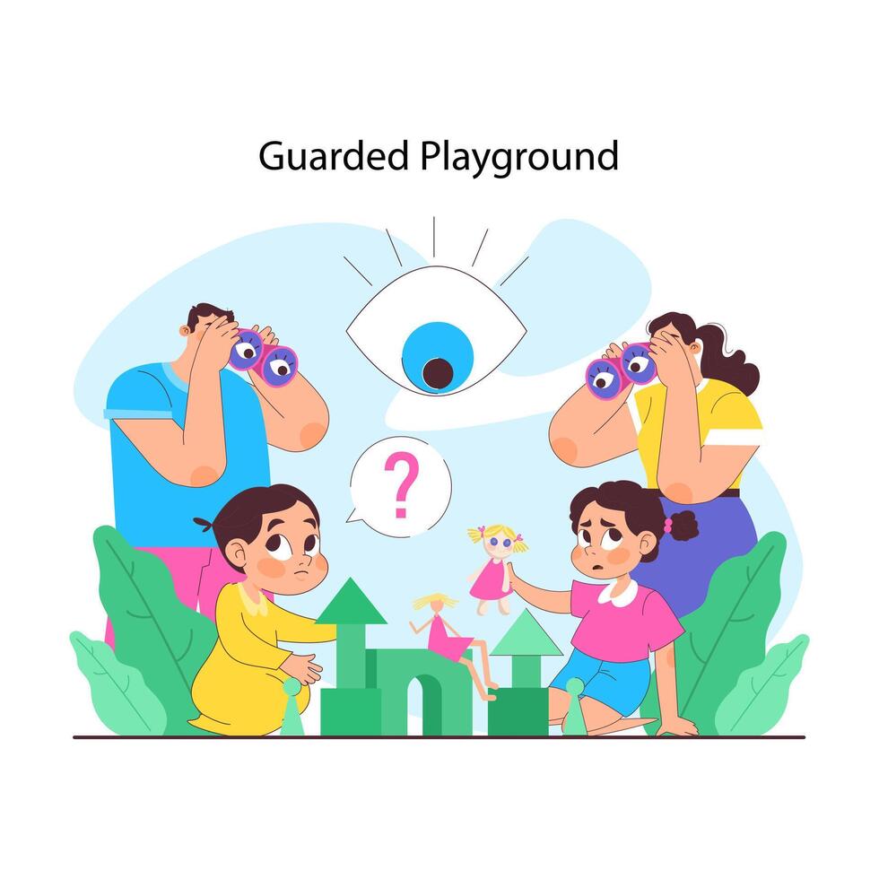 Overprotective parenting concept. Over-watchful parents with binoculars vector