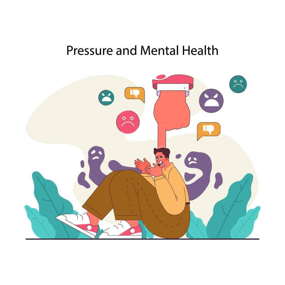 Peer pressure. Distressed man pressed down with finger and angry reactions vector