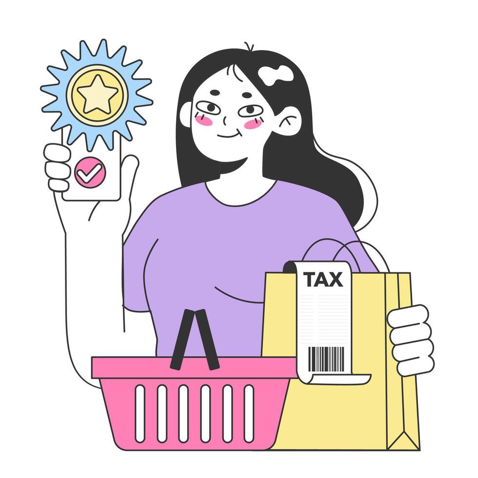 Loyalty program application. Woman holding a smartphone. vector