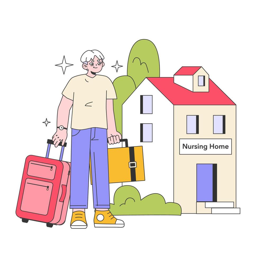 Senior life milestones. Elderly character with belongings relocating vector